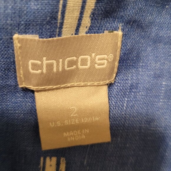 Chicos Womens Blue White Ikat Print Linen Button-Down shirt dress 12/14 tunic - Picture 5 of 7